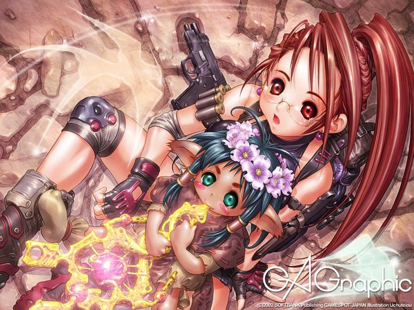Anime picture 1024x768 with gagraphic uchuteiou long hair looking at viewer blush open mouth red eyes brown hair sitting multiple girls green eyes signed ponytail green hair from above copyright name girl gloves weapon 2 girls