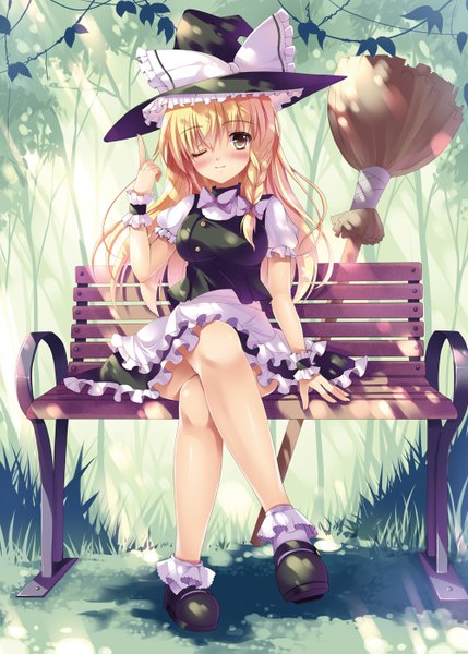 Anime picture 1000x1399 with touhou kirisame marisa sousouman long hair tall image blush blonde hair sitting one eye closed wink crossed legs witch girl dress bow socks white socks witch hat broom bench