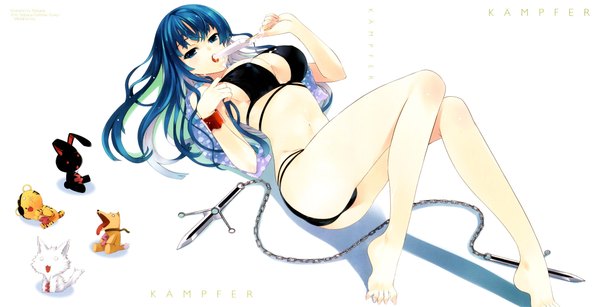 Anime picture 2339x1200 with kampfer sangou shizuku tachibana yuu single long hair highres breasts blue eyes light erotic simple background wide image large breasts white background bare shoulders blue hair ass lying barefoot bare legs legs