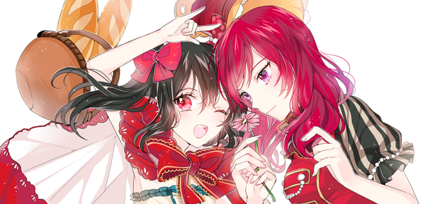 Anime picture 909x437 with love live! school idol project sunrise (studio) love live! nishikino maki yazawa nico n n (vbdpsep) long hair fringe black hair simple background hair between eyes wide image white background purple eyes twintails multiple girls looking away pink hair one eye closed pink eyes