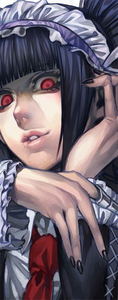 Anime picture 400x1015 with dangan ronpa celestia ludenberg irohara mitabi single long hair tall image looking at viewer fringe black hair red eyes nail polish lips portrait black nail polish girl necktie hairband