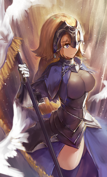 Anime picture 998x1640 with fate (series) fate/apocrypha jeanne d'arc (fate) (all) jeanne d'arc (fate) hoojiro single long hair tall image fringe breasts blonde hair large breasts standing purple eyes looking away from above girl thighhighs black thighhighs animal