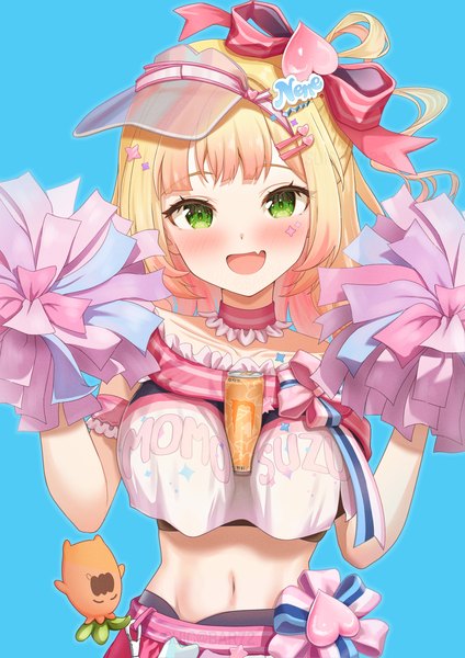 Anime picture 1447x2047 with virtual youtuber hololive momosuzu nene nekko (momosuzu nene) momosuzu nene (4th costume) suicabar72 single tall image looking at viewer blush fringe short hair breasts open mouth light erotic simple background blonde hair smile green eyes upper body