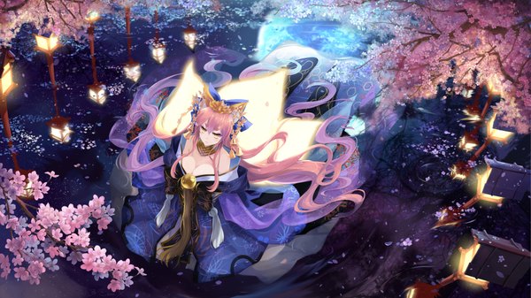 Anime picture 1920x1080 with fate (series) fate/grand order fate/extra tamamo (fate) (all) tamamo no mae (fate) bzerox single looking at viewer fringe highres breasts light erotic hair between eyes wide image large breasts standing bare shoulders signed animal ears yellow eyes