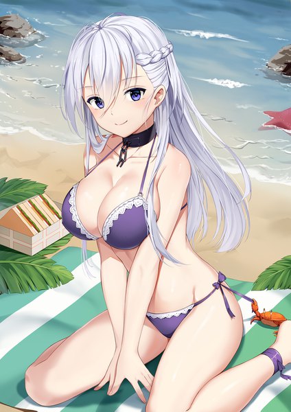 Anime picture 1280x1811 with azur lane belfast (azur lane) baseness single long hair tall image looking at viewer blush fringe breasts blue eyes light erotic smile hair between eyes large breasts sitting cleavage silver hair outdoors braid (braids)