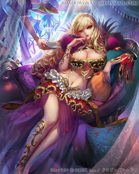 Anime picture 864x1080 with dragon's shadow shadowgrave long hair tall image looking at viewer fringe breasts light erotic blonde hair large breasts standing sitting multiple girls green eyes bent knee (knees) head tilt lips bare belly bare legs maid