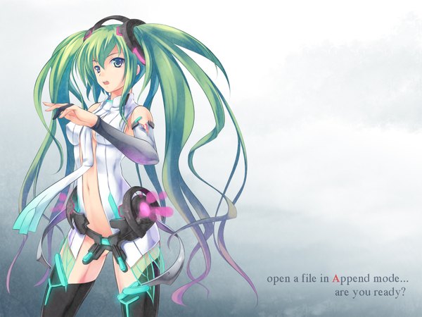 Anime picture 1528x1147 with vocaloid vocaloid append hatsune miku hatsune miku (append) single long hair looking at viewer fringe breasts open mouth simple background standing twintails full body arm up aqua eyes aqua hair inscription bare belly girl