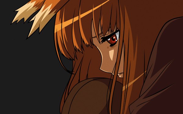 Anime picture 1920x1200 with spice and wolf horo highres simple background red eyes wide image animal ears pointy ears grey background wolf ears sad wolf girl girl