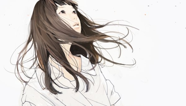 Anime picture 1400x800 with original tae (artist) single long hair brown hair wide image white background brown eyes girl shirt
