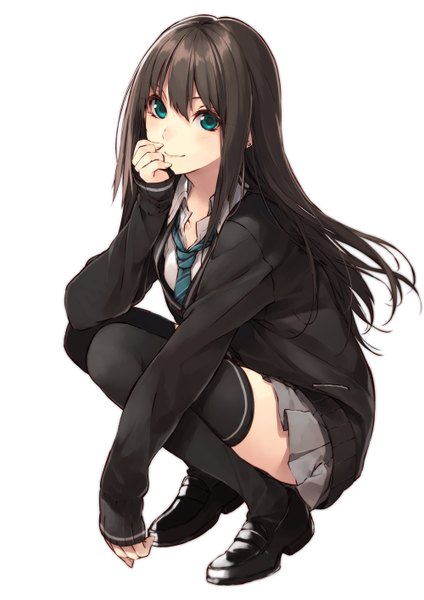 Anime picture 1000x1414 with idolmaster idolmaster cinderella girls shibuya rin kuwashima rein single long hair tall image looking at viewer simple background smile brown hair white background sitting green eyes pleated skirt finger to mouth squat open collar girl thighhighs