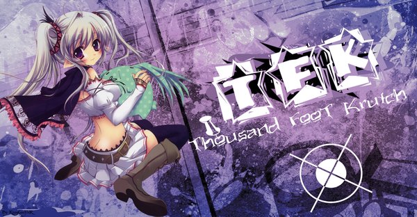 Anime picture 2000x1043 with k.g single long hair blush highres smile wide image purple eyes twintails white hair pointy ears girl thighhighs skirt detached sleeves