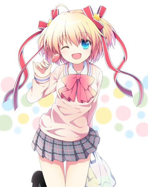 Anime picture 793x999 with little busters! key (studio) kamikita komari soranagi single tall image looking at viewer short hair open mouth blue eyes blonde hair ahoge one eye closed wink two side up girl uniform hair ornament ribbon (ribbons) hair ribbon