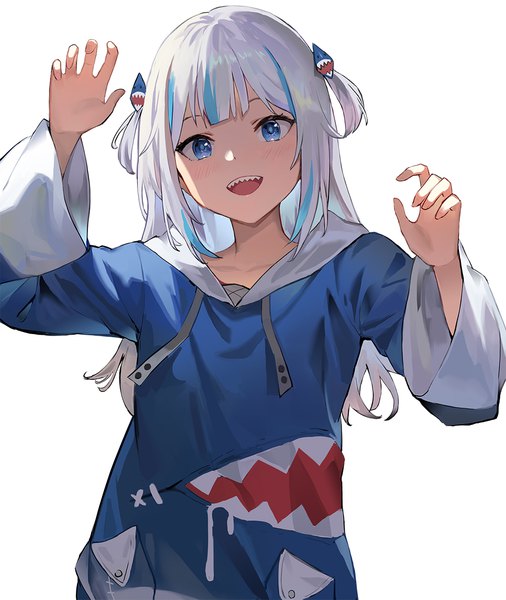 Anime picture 1000x1185 with virtual youtuber hololive hololive english gawr gura gawr gura (1st costume) sl86 single long hair tall image looking at viewer open mouth blue eyes simple background white background silver hair upper body head tilt :d multicolored hair teeth