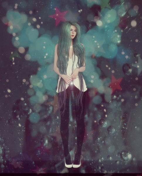 Anime picture 1616x2001 with original ella 360 ripa666 single tall image standing bare shoulders green eyes very long hair multicolored hair green hair abstract girl pantyhose water glasses shoes star (symbol)