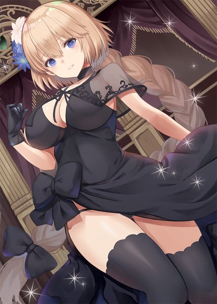 Anime picture 800x1119 with fate (series) fate/grand order jeanne d'arc (fate) (all) jeanne d'arc (formal dress) (fate) yuzu-aki single long hair tall image looking at viewer blush fringe breasts blue eyes light erotic smile hair between eyes large breasts standing cleavage indoors