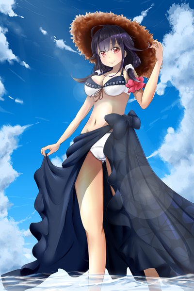 Anime picture 2000x3000 with kantai collection taigei light aircraft carrier single long hair tall image blush highres light erotic black hair red eyes twintails cloud (clouds) ahoge arm up from below partially submerged low twintails lens flare summer adjusting clothes