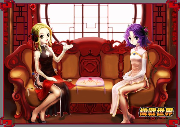 Anime picture 1280x905 with super robot wars latooni subota shine hausen st.microscope looking at viewer short hair blonde hair sitting purple eyes multiple girls yellow eyes purple hair chinese clothes girl dress gloves hair ornament 2 girls elbow gloves couch
