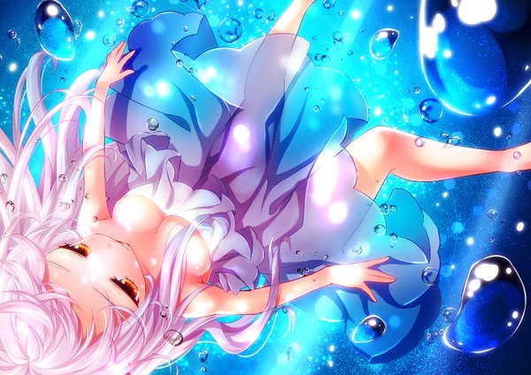 Anime picture 1500x1062 with original mintsu (ichi--kun) single long hair blush breasts pink hair barefoot no bra orange eyes looking up underwater girl dress water bubble (bubbles)