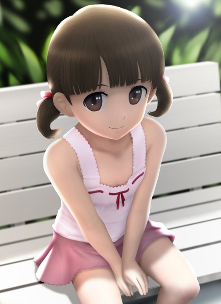 Anime picture 948x1300 with persona 4 persona doujima nanako siraha single tall image short hair brown hair sitting twintails bare shoulders brown eyes loli short twintails girl dress sundress bench