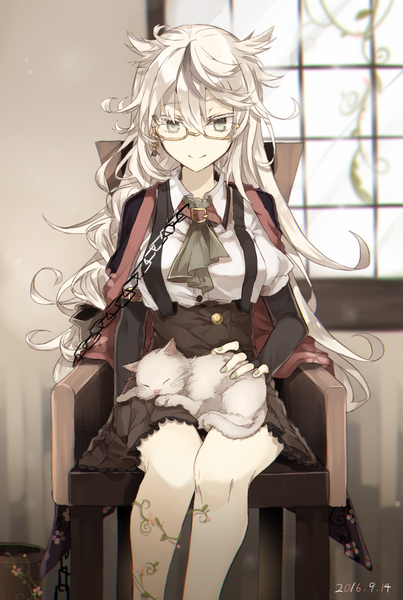 Anime picture 1220x1816 with original chibirisu single long hair tall image looking at viewer fringe hair between eyes sitting white hair nail polish grey eyes floral print dated messy hair green nail polish girl plant (plants) animal glasses