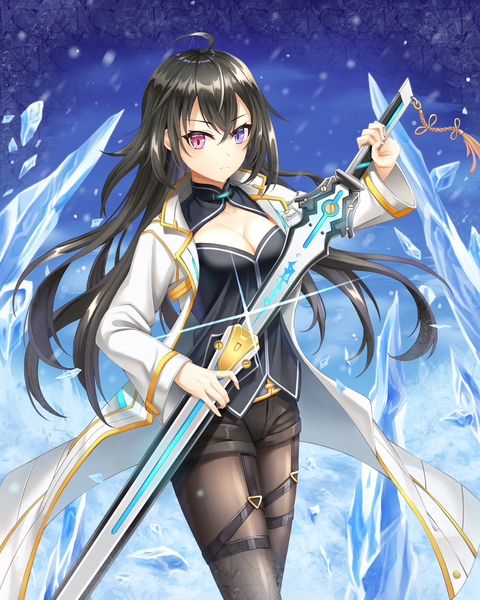 Anime picture 3200x4000 with closers bai winchester star-ring single long hair tall image looking at viewer blush fringe highres breasts black hair hair between eyes red eyes standing purple eyes holding absurdres cleavage ahoge