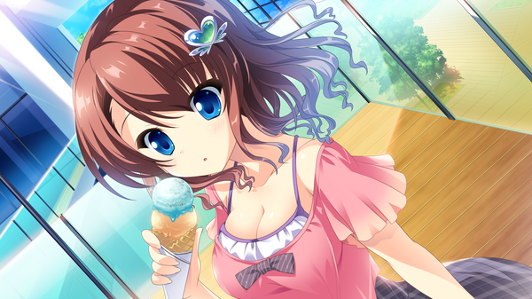 Anime picture 2560x1440 with cocoro@function! yuzuriha hijiri looking at viewer highres short hair blue eyes brown hair wide image game cg girl dress hair ornament food sweets ice cream