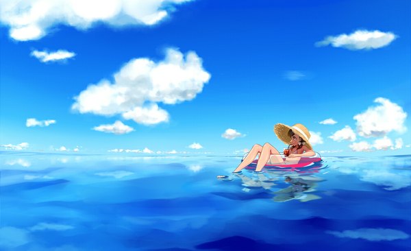 Anime picture 1000x611 with original tera single long hair blush fringe brown hair wide image twintails bare shoulders holding green eyes sky cloud (clouds) profile barefoot mouth hold reflection summer transparent