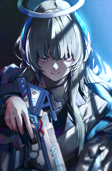 Anime picture 1736x2647 with blue archive noa (blue archive) black cola single long hair tall image looking at viewer fringe highres hair between eyes upper body grey hair grey eyes girl weapon gun halo