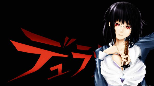 Anime picture 1920x1080 with durarara!! brains base (studio) sonohara anri looking at viewer highres short hair breasts light erotic black hair red eyes wide image large breasts light smile inscription open clothes open shirt black background between breasts girl weapon