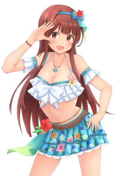 Anime picture 1007x1500 with idolmaster idolmaster million live! tanaka kotoha tabii single long hair tall image looking at viewer blush fringe breasts open mouth light erotic simple background brown hair white background brown eyes :d hand on hip salute