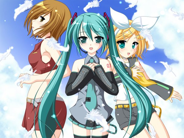 Anime picture 1600x1200 with vocaloid hatsune miku kagamine rin meiko kakesu highres blonde hair brown hair bare shoulders aqua eyes aqua hair midriff sleeveless girl detached sleeves necktie shorts feather (feathers)