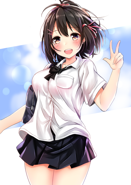 Anime picture 1254x1771 with original pikacchi single long hair tall image blush fringe breasts open mouth light erotic black hair hair between eyes standing brown eyes ahoge :d pleated skirt teeth short sleeves thighs