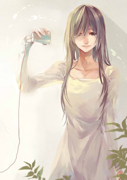 Anime picture 1000x1414 with original toryufu single long hair tall image standing holding brown eyes multicolored hair girl dress plant (plants) leaf (leaves) glass thread red thread