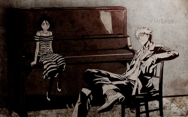 Anime picture 1920x1200 with bleach studio pierrot kurosaki ichigo kuchiki rukia highres wide image couple monochrome striped girl boy chair musical instrument piano