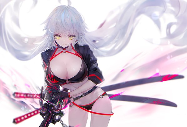 Anime picture 1594x1080 with fate (series) fate/grand order jeanne d'arc (fate) (all) jeanne d'arc alter (fate) jeanne d'arc alter (swimsuit berserker) (fate) kisei2 single looking at viewer fringe breasts light erotic simple background large breasts standing white background yellow eyes cleavage silver hair ahoge very long hair