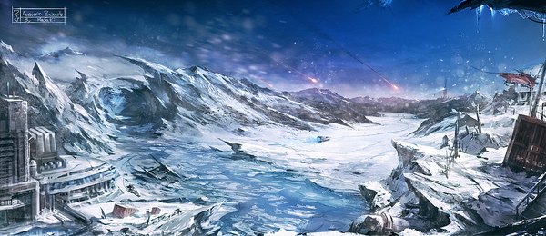 Anime picture 1158x503 with andou (masaki768) wide image sky inscription snow mountain no people landscape ruins rock building (buildings) ice comet