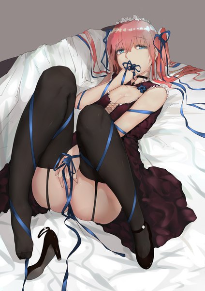 Anime picture 2480x3507 with original grain single long hair tall image looking at viewer fringe highres breasts blue eyes light erotic simple background hair between eyes twintails pink hair cleavage lying grey background on back high heels