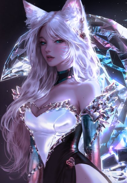Anime-Bild 4168x6002 mit league of legends ahri (league of legends) k/da ahri nixeu single long hair tall image looking at viewer fringe highres breasts blue eyes light erotic simple background blonde hair large breasts standing animal ears absurdres cleavage
