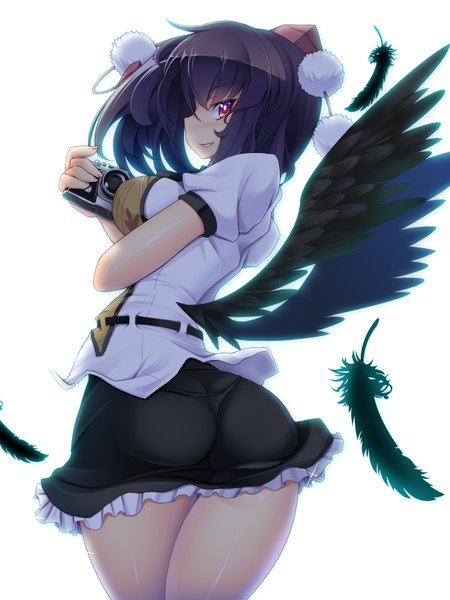 Anime picture 1200x1600 with touhou shameimaru aya torisan single tall image blush short hair light erotic black hair simple background red eyes white background girl skirt hat miniskirt wings feather (feathers) camera