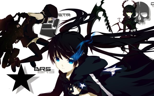 Anime picture 3200x2000 with black rock shooter black rock shooter (character) dead master strength (black rock shooter) long hair highres blue eyes black hair wide image twintails multiple girls green eyes white hair text glowing glowing eye (eyes) girl thighhighs dress weapon
