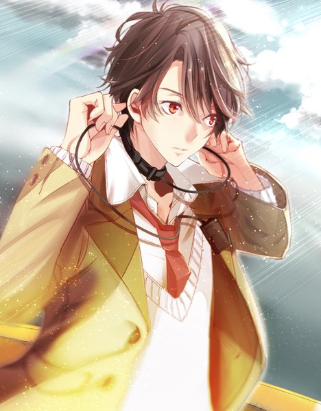 Anime picture 1000x1283 with aldnoah.zero a-1 pictures kaizuka inaho r u n a single tall image fringe short hair brown hair holding looking away cloud (clouds) fingernails open collar boy shirt necktie white shirt collar