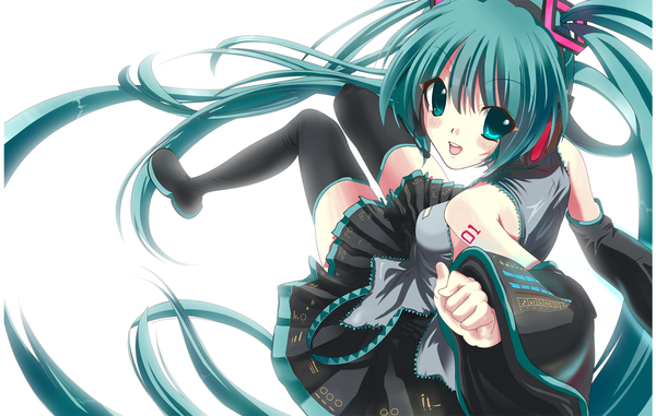 Anime picture 1624x1033 with vocaloid hatsune miku single long hair open mouth simple background white background twintails looking back aqua eyes aqua hair girl thighhighs black thighhighs detached sleeves thigh boots