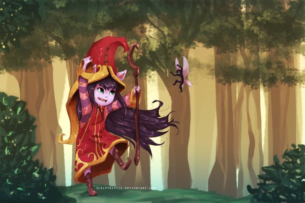 Anime picture 1920x1280 with league of legends lulu (league of legends) single long hair highres green eyes purple hair pointy ears teeth dark skin sharp teeth fairy girl plant (plants) hat tree (trees) staff forest