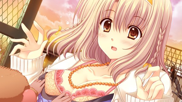 Anime picture 1280x720 with world wide love! (game) touno sakurako nishimata aoi short hair open mouth light erotic brown hair wide image brown eyes game cg girl