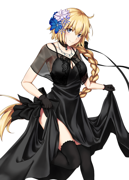Anime picture 794x1104 with fate (series) fate/grand order jeanne d'arc (fate) (all) jeanne d'arc (formal dress) (fate) enchuu single long hair tall image looking at viewer blush fringe breasts blue eyes blonde hair simple background smile hair between eyes standing white background bare shoulders