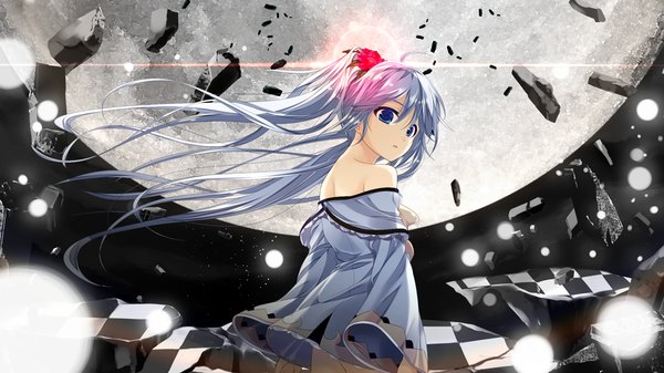 Anime picture 1024x576 with shin shirogane no soleil skyfish (studio) single long hair looking at viewer blue eyes wide image twintails bare shoulders game cg silver hair hair flower girl dress hair ornament flower (flowers)