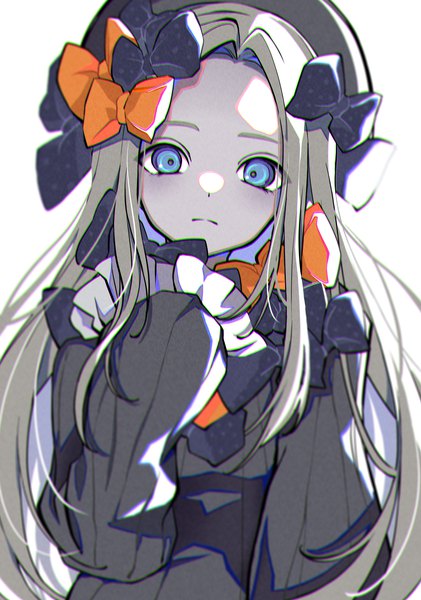 Anime picture 4065x5787 with fate (series) fate/grand order abigail williams (fate) natsume hinako single long hair tall image looking at viewer highres blue eyes simple background blonde hair white background absurdres upper body long sleeves girl bow hair bow hat