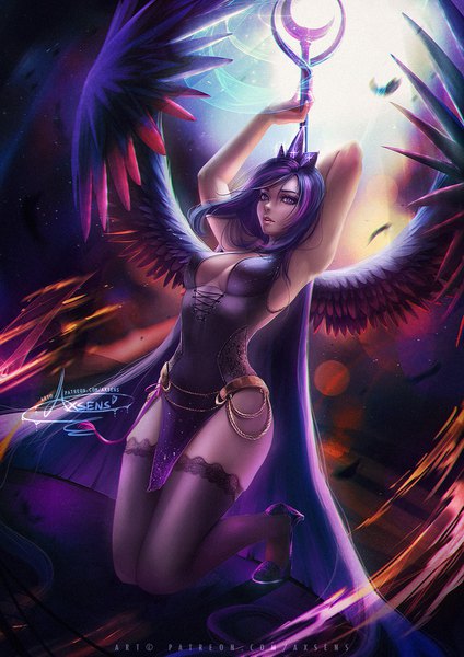 Anime-Bild 848x1200 mit my little pony princess luna axsen single tall image looking at viewer breasts light erotic standing purple eyes holding signed payot purple hair full body very long hair parted lips night arms up high heels