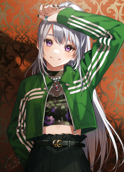 Anime picture 939x1300 with virtual youtuber nijisanji gucci higuchi kaede buuta single long hair tall image looking at viewer blush smile purple eyes silver hair ponytail head tilt open jacket shadow midriff grin hand on head