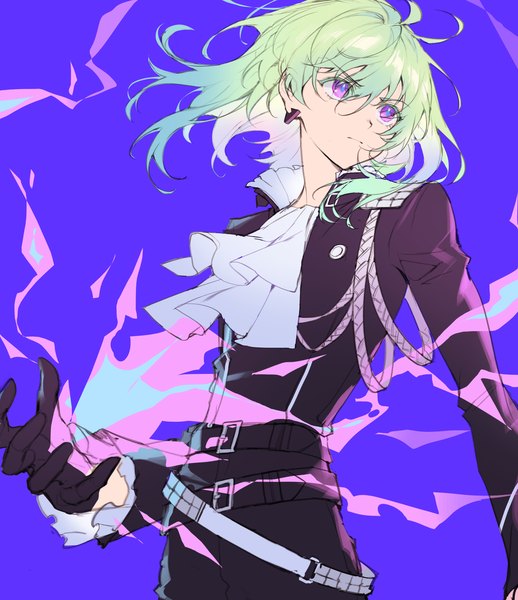 Anime picture 4000x4631 with promare studio trigger lio fotia miji black single tall image fringe highres short hair hair between eyes standing purple eyes looking away absurdres green hair magic purple background boy gloves earrings